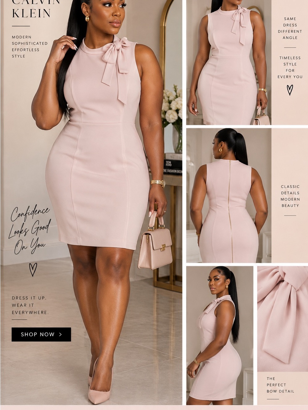 Calvin Klein Dusty Blush Bow-Accent Sleeveless Sheath Dress